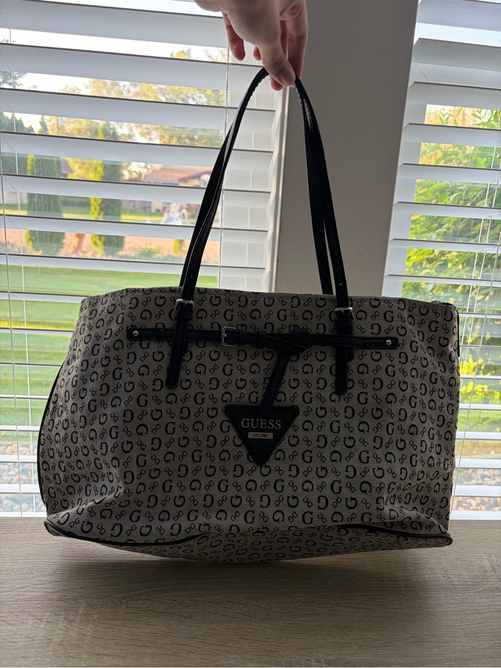 Guess White & Black Monogram Tote Bag